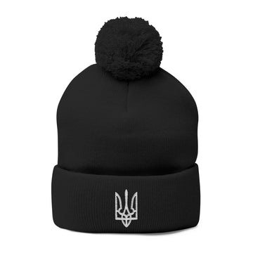 Embroidered White Trident Pom-Pom Beanie