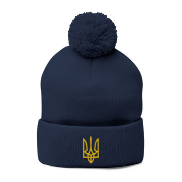 Embroidered Yellow Trident Pom-Pom Beanie