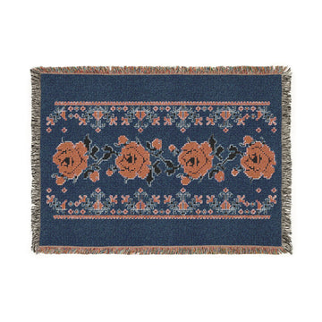 Dark Blue Woven Blanket- Red Vyshyvanka Rose